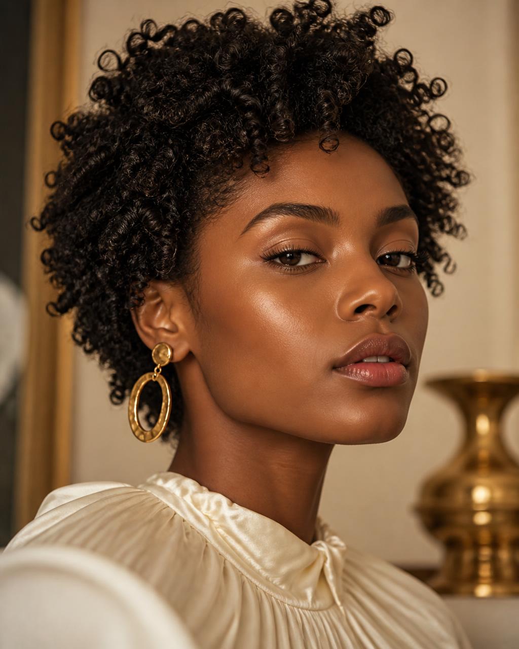 Client with softly defined natural coils in warm salon light