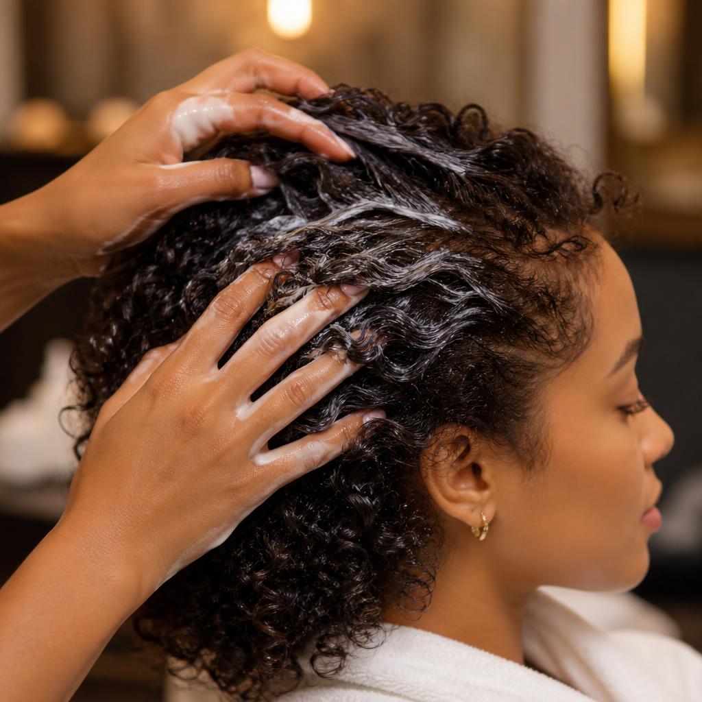 Stylist working conditioner gently through hydrated curls